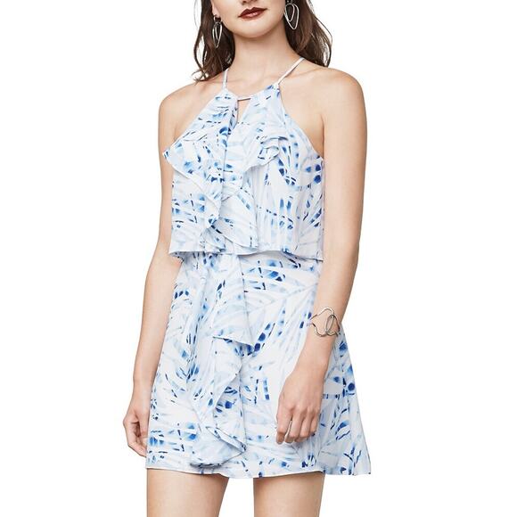 BCBG Max Azria Tropical Palm Print Mini Dress Blue White Tiered Flowy Large $248 - Picture 1 of 6